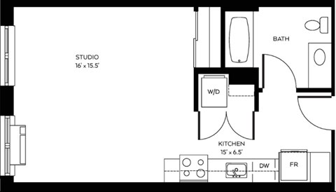 Floor plan for studio, 1 bath, 497 sqft